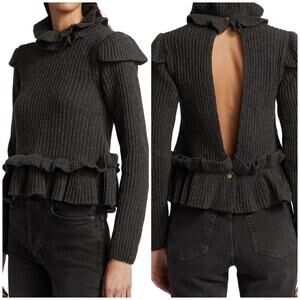 GANNI Rib Ruffle Trim Turtleneck Sweater Gray Wool Open Back Large Quiet Luxury